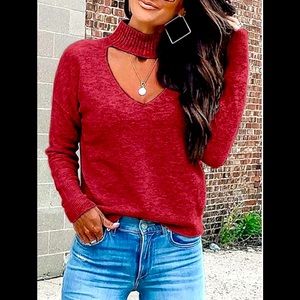 Sexy Choker Deep V Neck Long Sleeve Knit Pullover Wine Red Soft Sweaters